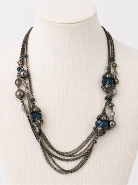 Simply Vera Vera Wang 24” Blue Gray Beaded Long Necklace Gunmetal Layered